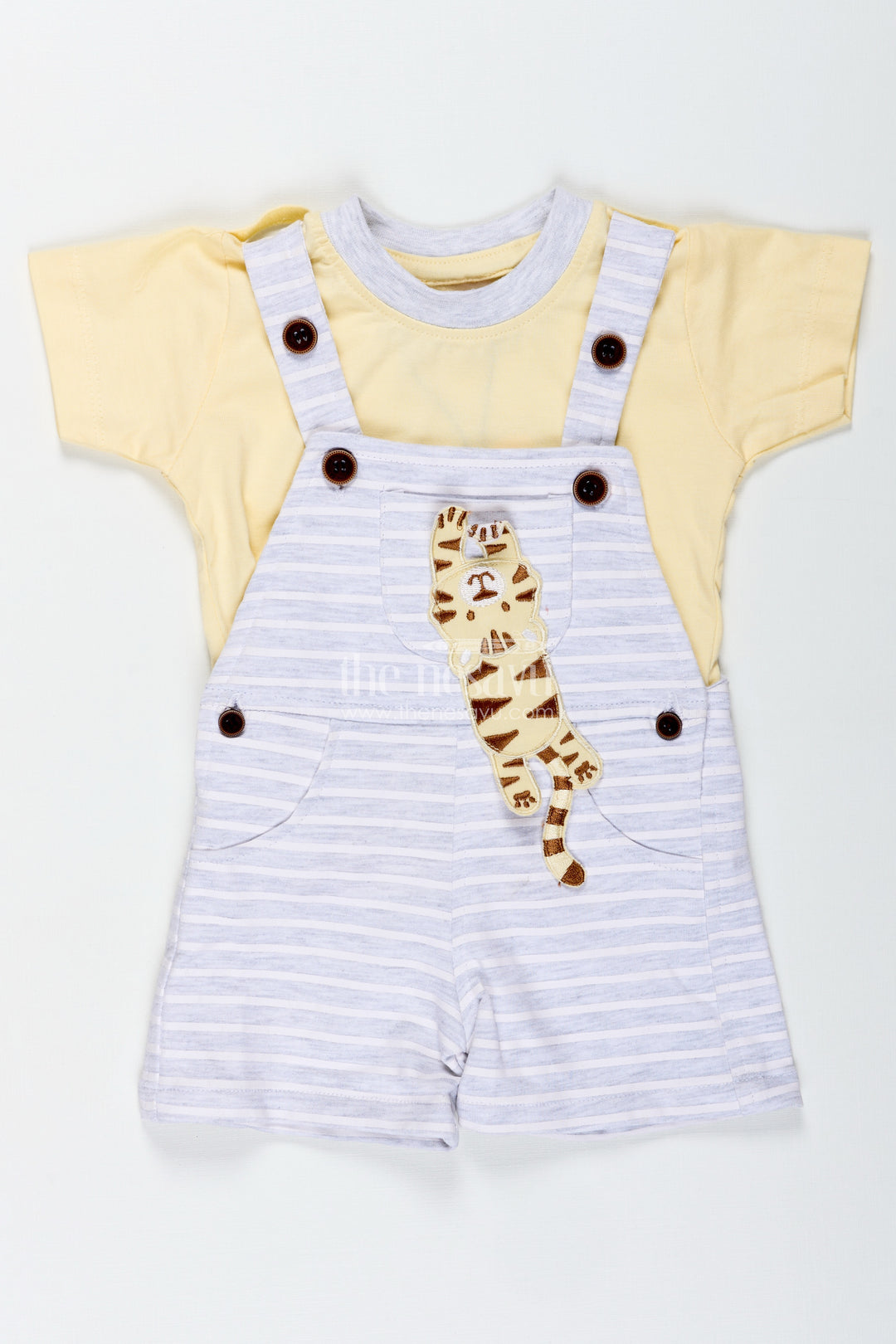 Boys Cotton Yellow Dress Outfit Casual with Giraffe Patch and Striped Dungaree for Sunny Day Comfort
