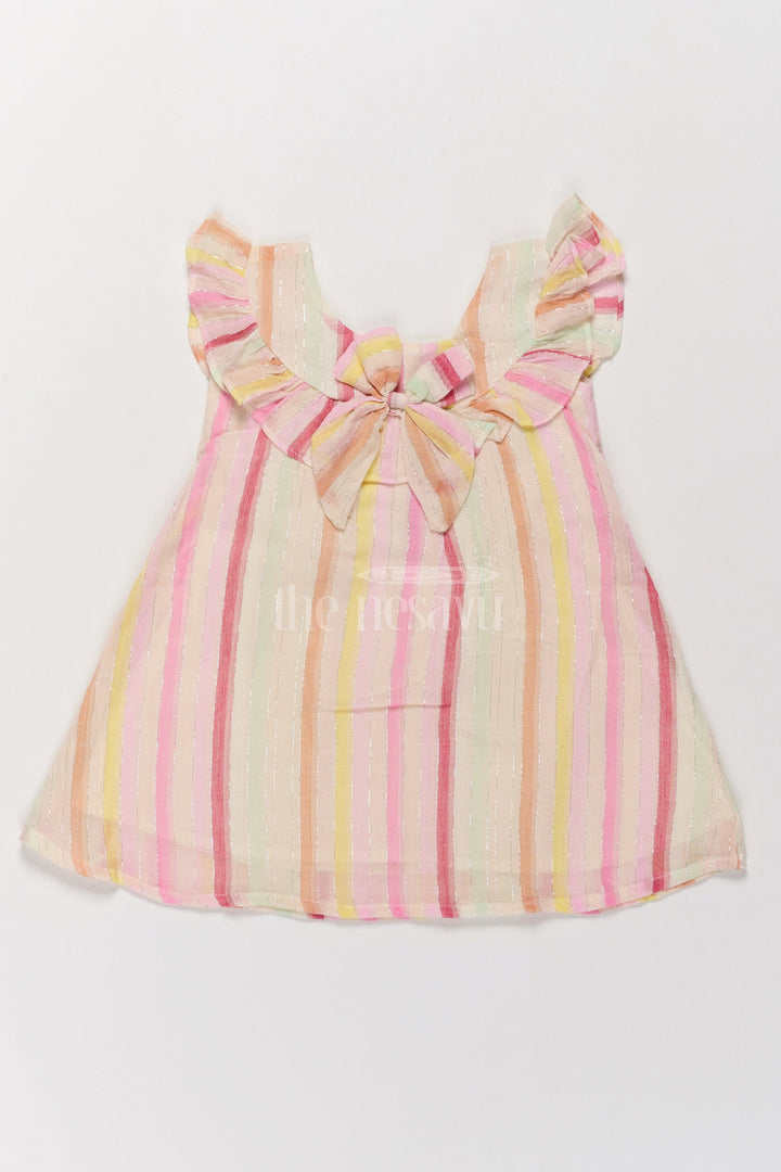 The Nesavu Girls Cotton Frock Adorable Handmade Cotton Frock with Pastel Stripes and Bow Accent Nesavu 16 (1Y) / Multicolor GFC1477A-16 Handmade Girls Cotton Frock Pastel Stripes Bow Nesavu