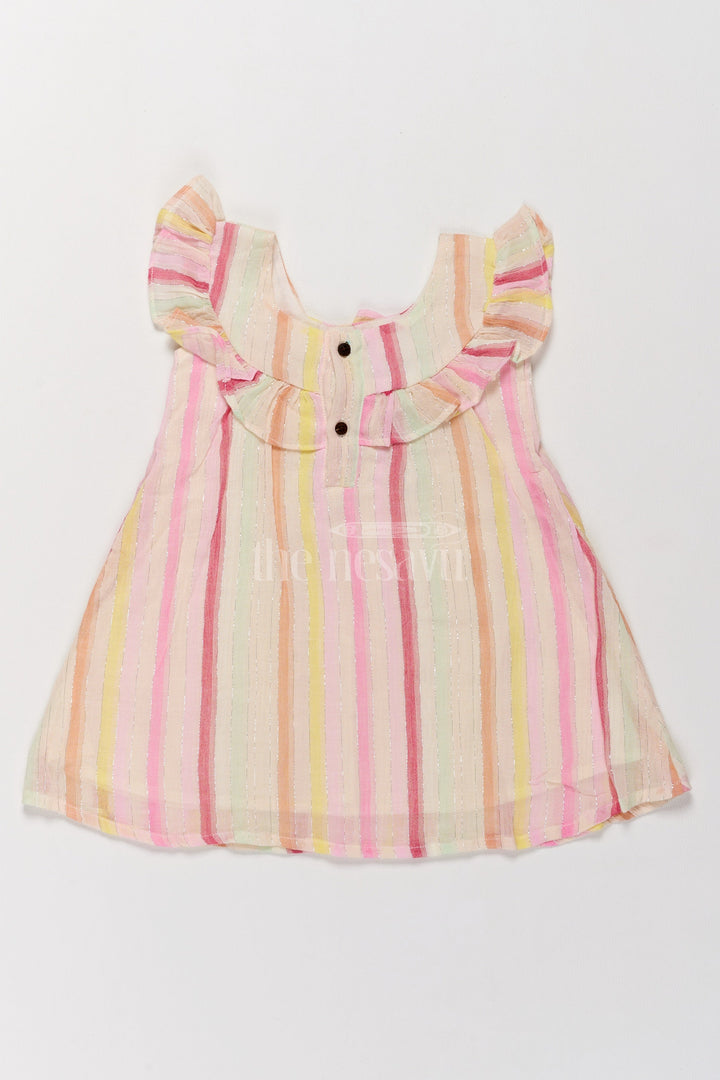 The Nesavu Girls Cotton Frock Adorable Handmade Cotton Frock with Pastel Stripes and Bow Accent Nesavu Handmade Girls Cotton Frock Pastel Stripes Bow Nesavu