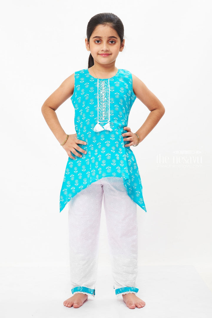 The Nesavu Girls Sharara / Plazo Set Aqua Freshness: Charming Blue Kurti and White Pant Ensemble for Girls Nesavu 16 (1Y) / Blue / Cotton GPS296A-16 Girls' Blue and White Cotton Kurti Pant Set | Refresh Your Summer Wardrobe | The Nesavu