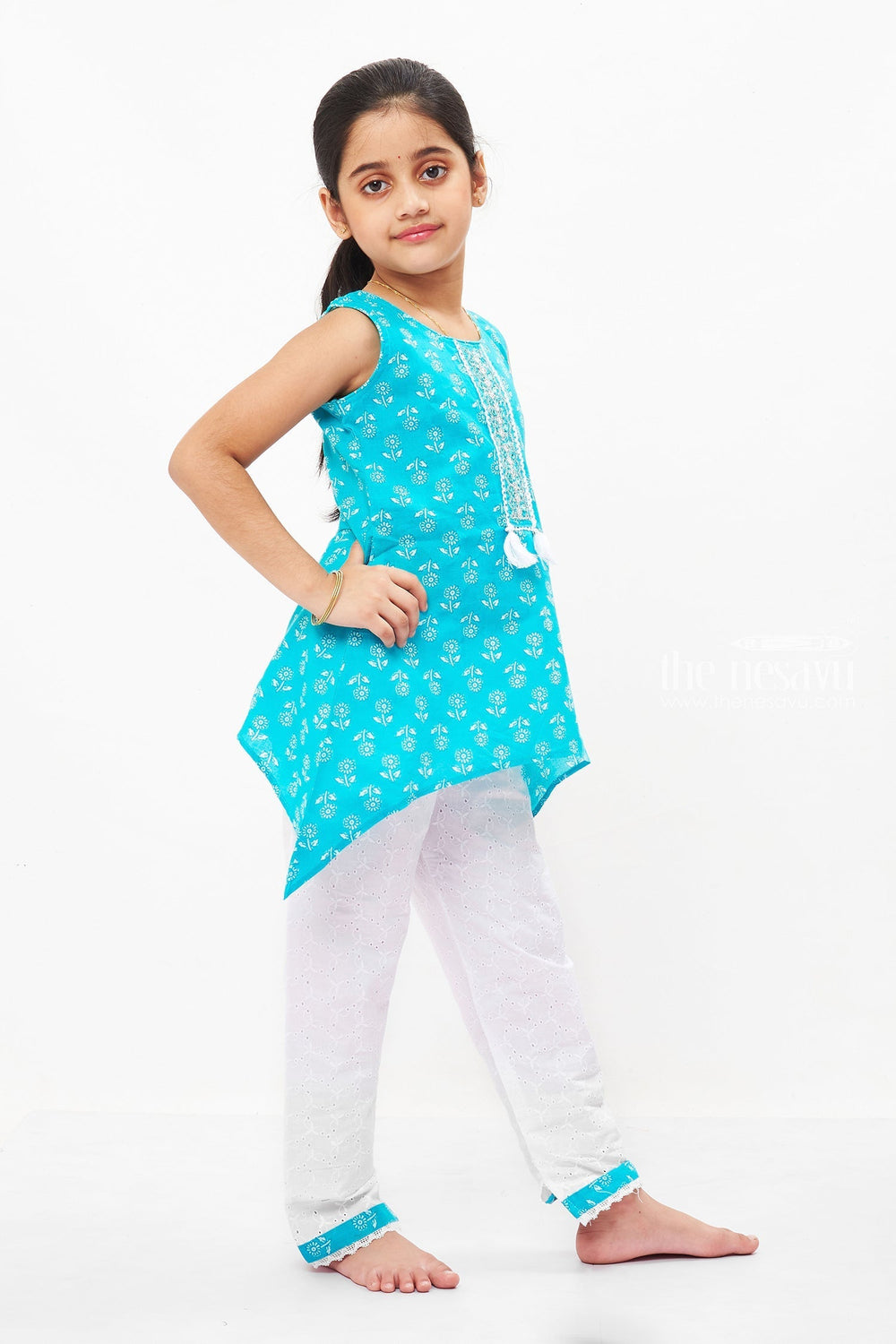 The Nesavu Girls Sharara / Plazo Set Aqua Freshness: Charming Blue Kurti and White Pant Ensemble for Girls Nesavu Girls' Blue and White Cotton Kurti Pant Set | Refresh Your Summer Wardrobe | The Nesavu
