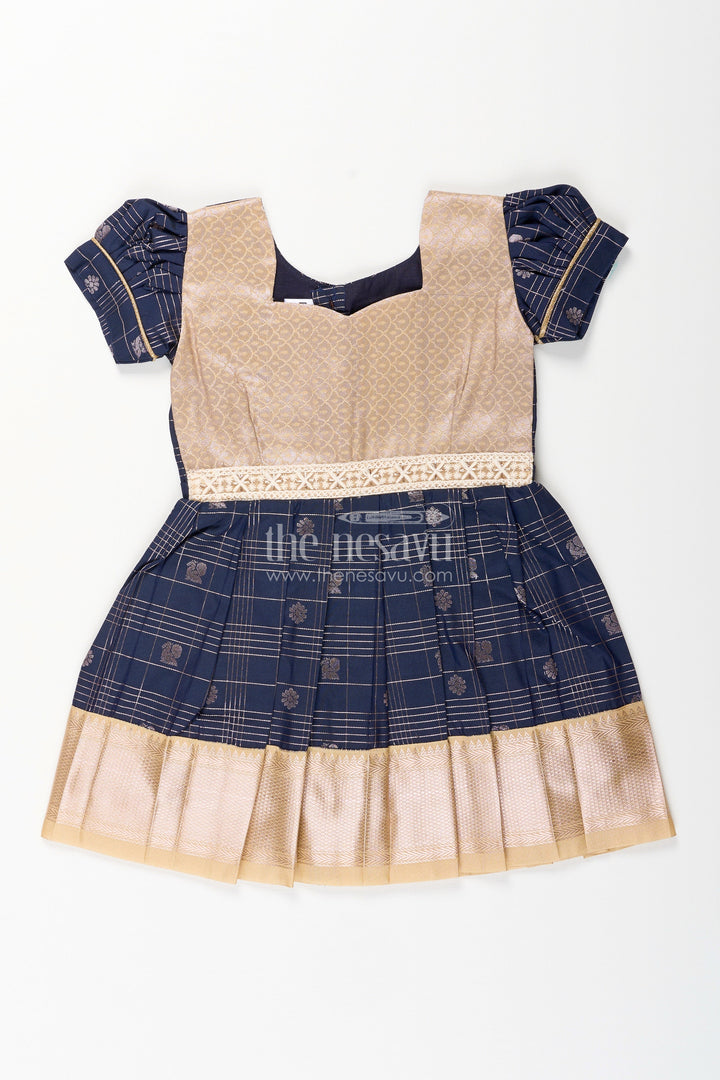 The Nesavu Girls Kanchi Silk Frock Baby girl kanchipuram silk frock for weddings and festive celebrations Nesavu Nesavu baby girl kanchipuram silk frock in green and gold for weddings and festive wear
