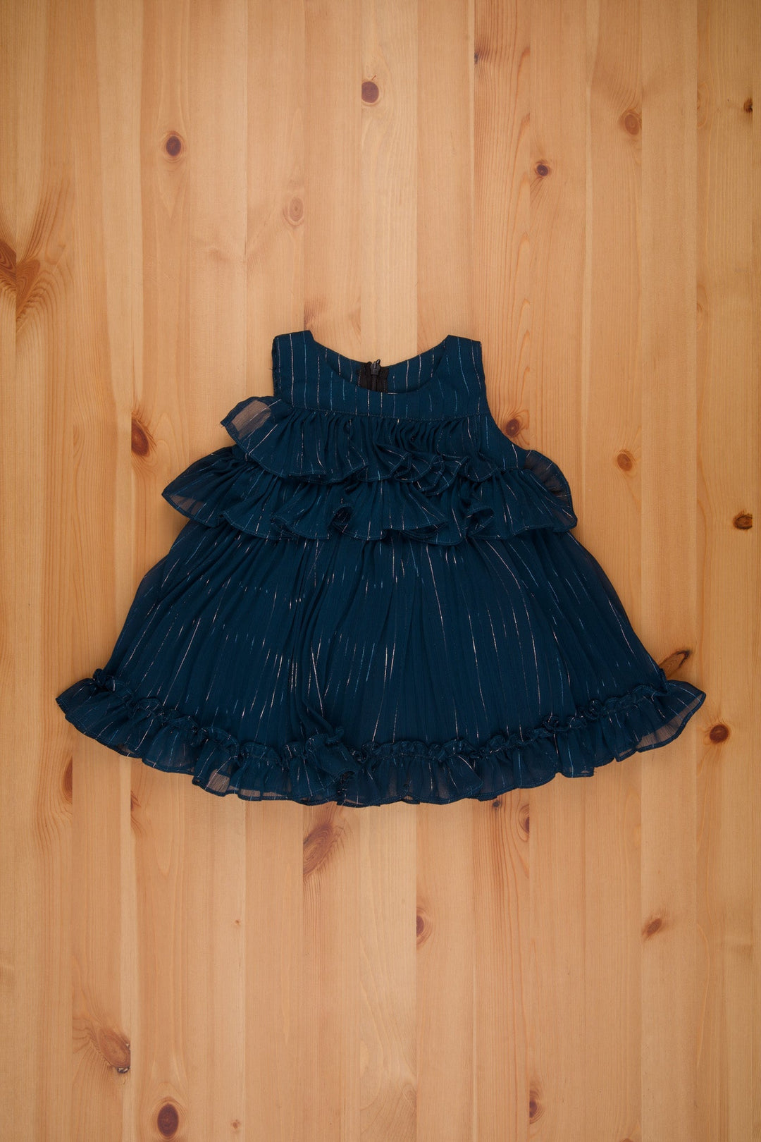 The Nesavu Baby Fancy Frock Baby Girls Peacock Blue Georgette Gown Monotone with Silver Lurex & Frill Accents for a Fancy Look Nesavu 14 (6M) / Blue / Georgette BFJ462A-14 Personalised Newborn Outfits | Baby Designer Frock | The Nesavu