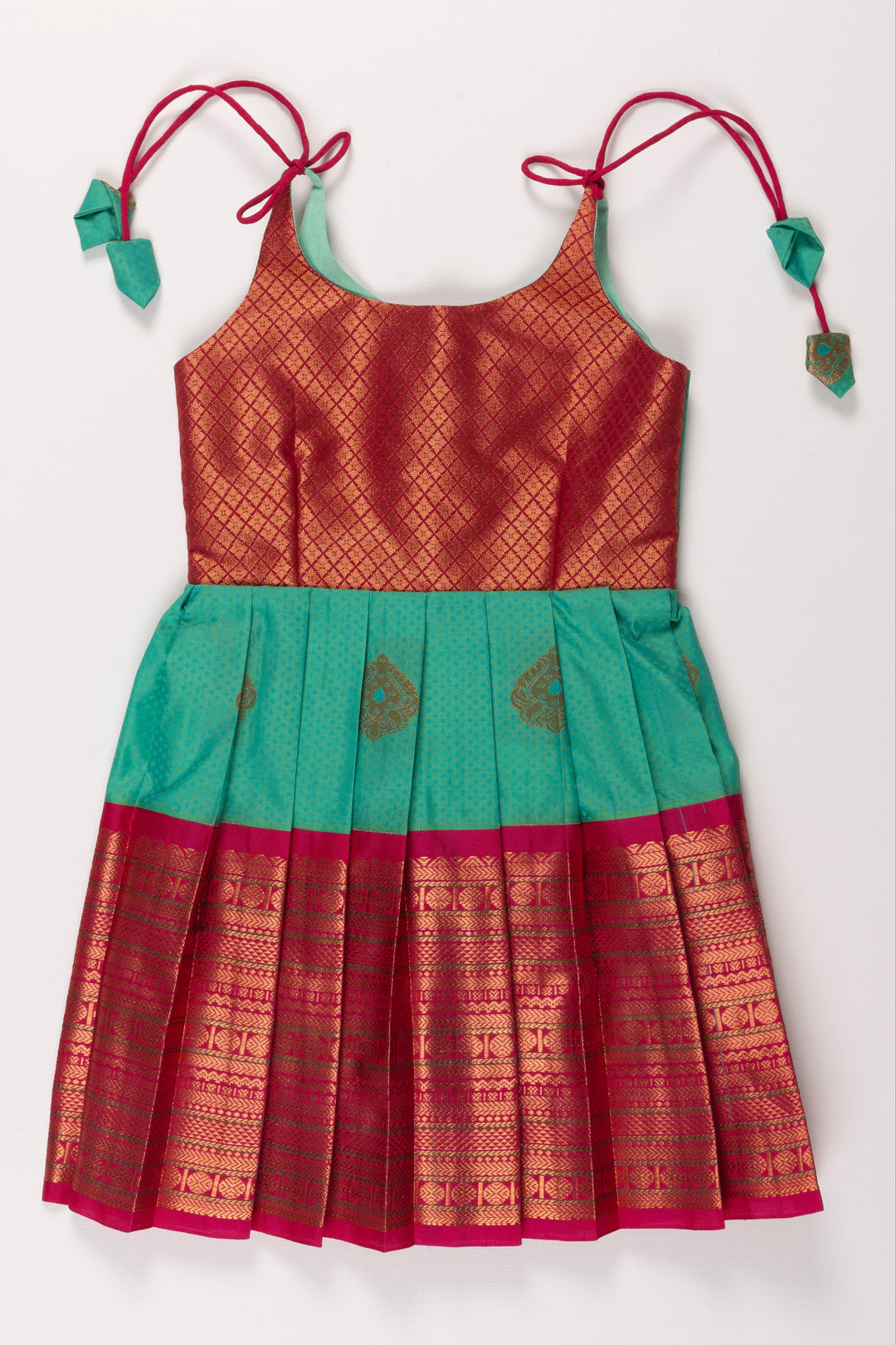 The Nesavu Tie Up Frock Beige and Green Silk Tie-up Frock for Girls Nesavu 18 (2Y) / Green / Style 1 T364A-18 Beige and Green Silk Frock for Girls | Enchanting Tie-Up Elegance | Nature-Inspired Formal Wear