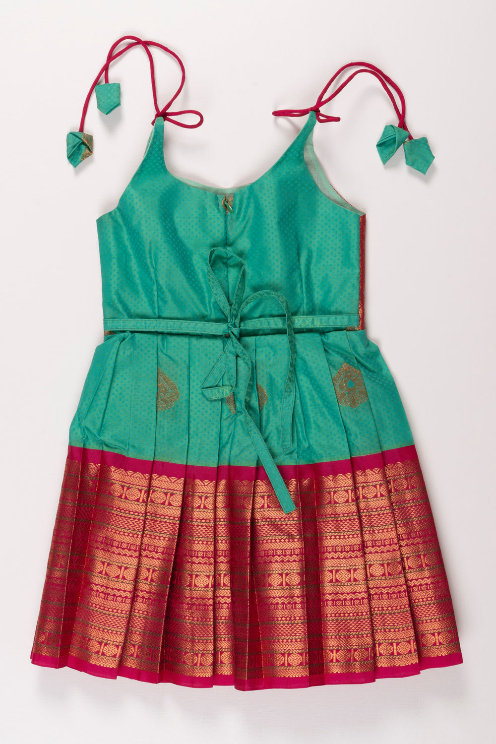 The Nesavu Tie Up Frock Beige and Green Silk Tie-up Frock for Girls Nesavu Beige and Green Silk Frock for Girls | Enchanting Tie-Up Elegance | Nature-Inspired Formal Wear