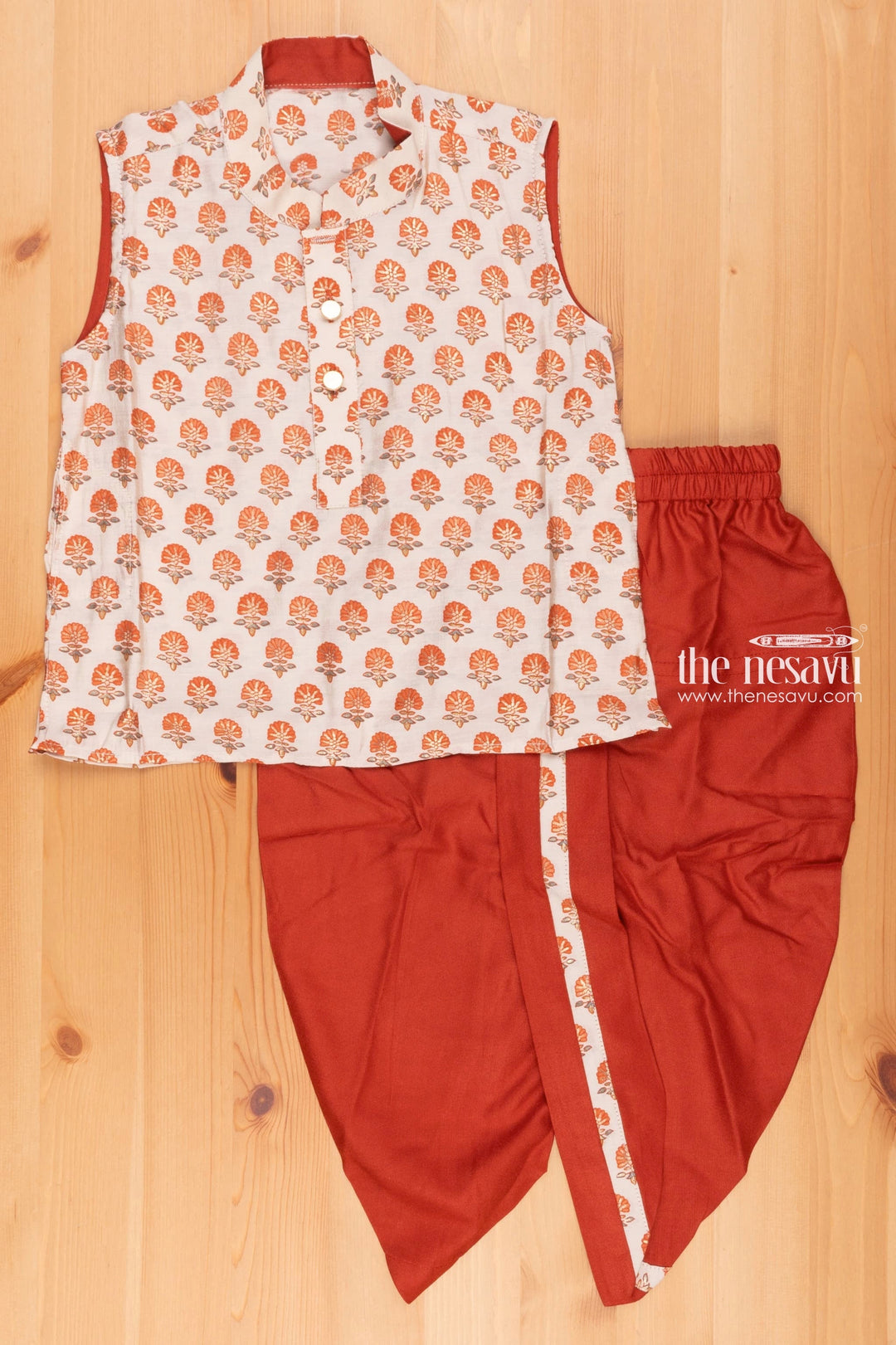 The Nesavu Boys Dothi Set Beige Floral Elegance: Delicate Kurta Matched with Vibrant Red Panchagajam for Boys Nesavu 12 (3M) / Beige / Cotton BES372A-12 Children���s Ethnic Attire | | Boys Ethnic Kurta and Panchagajam Set | the Nesavu