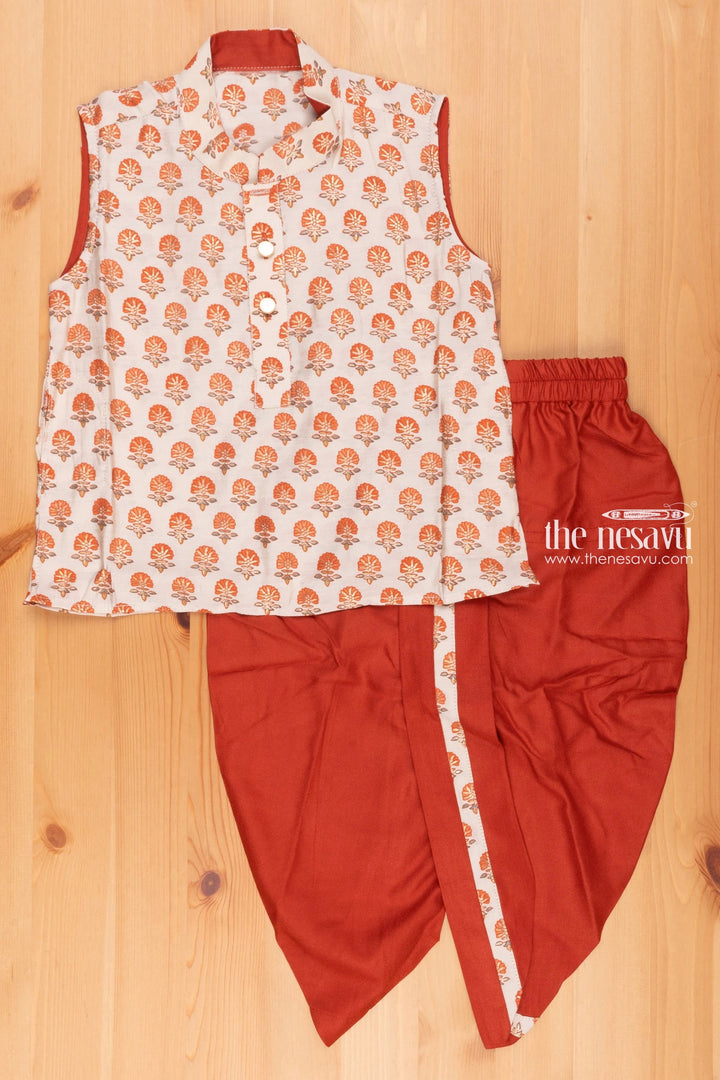 The Nesavu Boys Dothi Set Beige Floral Elegance: Delicate Kurta Matched with Vibrant Red Panchagajam for Boys Nesavu 12 (3M) / Beige / Cotton BES372A-12 Children���s Ethnic Attire | | Boys Ethnic Kurta and Panchagajam Set | the Nesavu