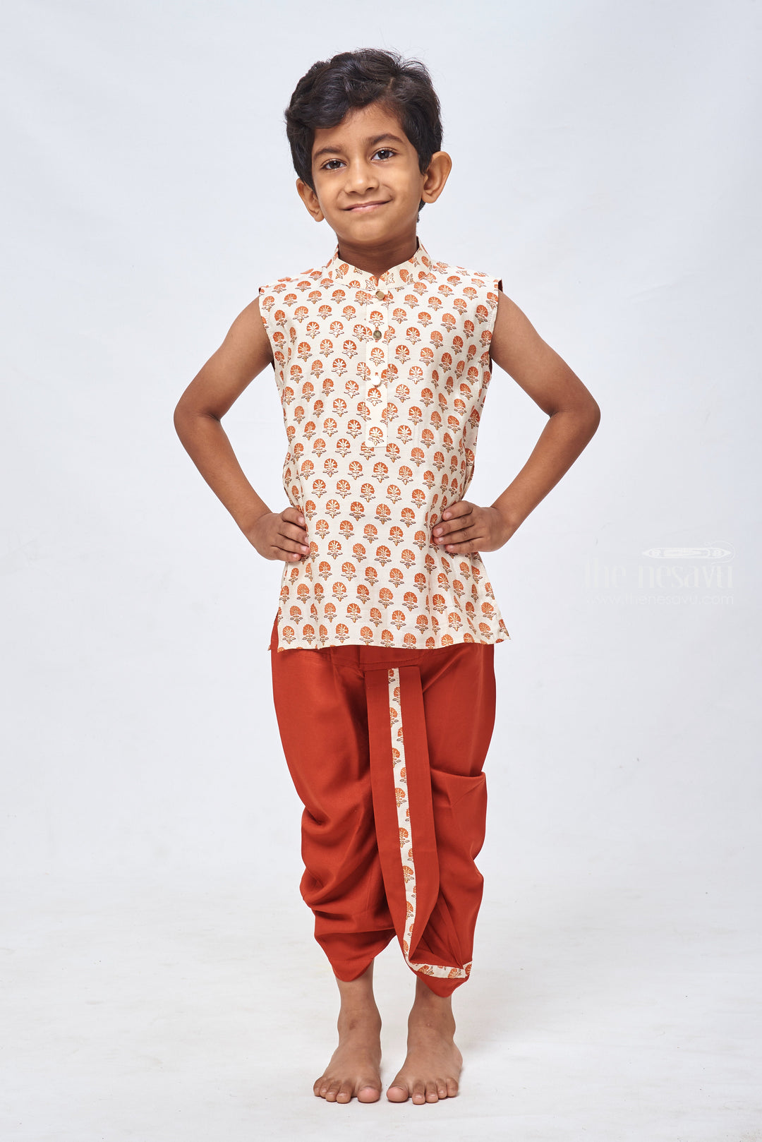 The Nesavu Boys Dothi Set Beige Floral Elegance: Delicate Kurta Matched with Vibrant Red Panchagajam for Boys Nesavu 12 (3M) / Beige / Cotton BES372A-12 Children���s Ethnic Attire | | Boys Ethnic Kurta and Panchagajam Set | the Nesavu