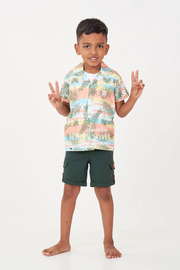 The Nesavu Boys Casual Set Best Casual Clothes Set for Boys with Tropical Printed Shirt, Sleeveless Tee, and Dark Green Shorts Nesavu 20 (3Y) / Orange BCS217B-20 Nesavu Best Casual Clothes Set Boys Tropical Shirt Sleeveless Tee Green Cotton Shorts