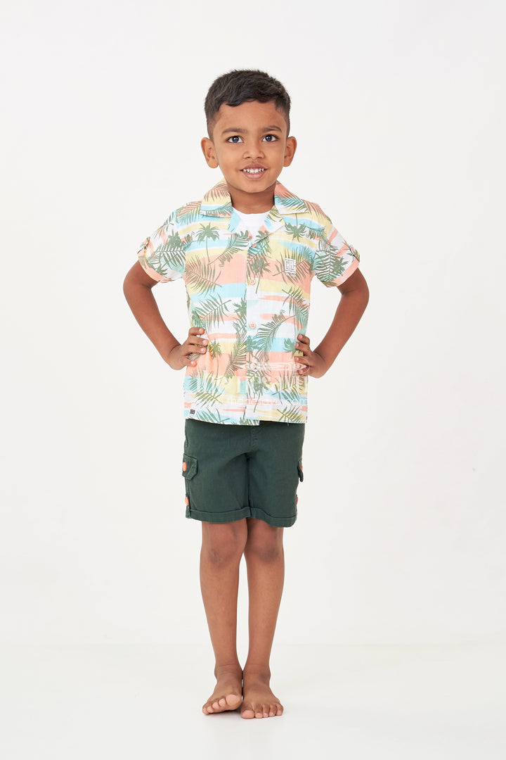 The Nesavu Boys Casual Set Best Casual Clothes Set for Boys with Tropical Printed Shirt, Sleeveless Tee, and Dark Green Shorts Nesavu Best Casual Clothes Set Boys Tropical Shirt Sleeveless Tee Green Cotton Shorts | The Nesavu
