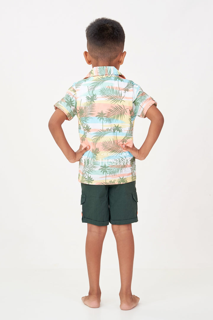 The Nesavu Boys Casual Set Best Casual Clothes Set for Boys with Tropical Printed Shirt, Sleeveless Tee, and Dark Green Shorts Nesavu Nesavu Best Casual Clothes Set Boys Tropical Shirt Sleeveless Tee Green Cotton Shorts