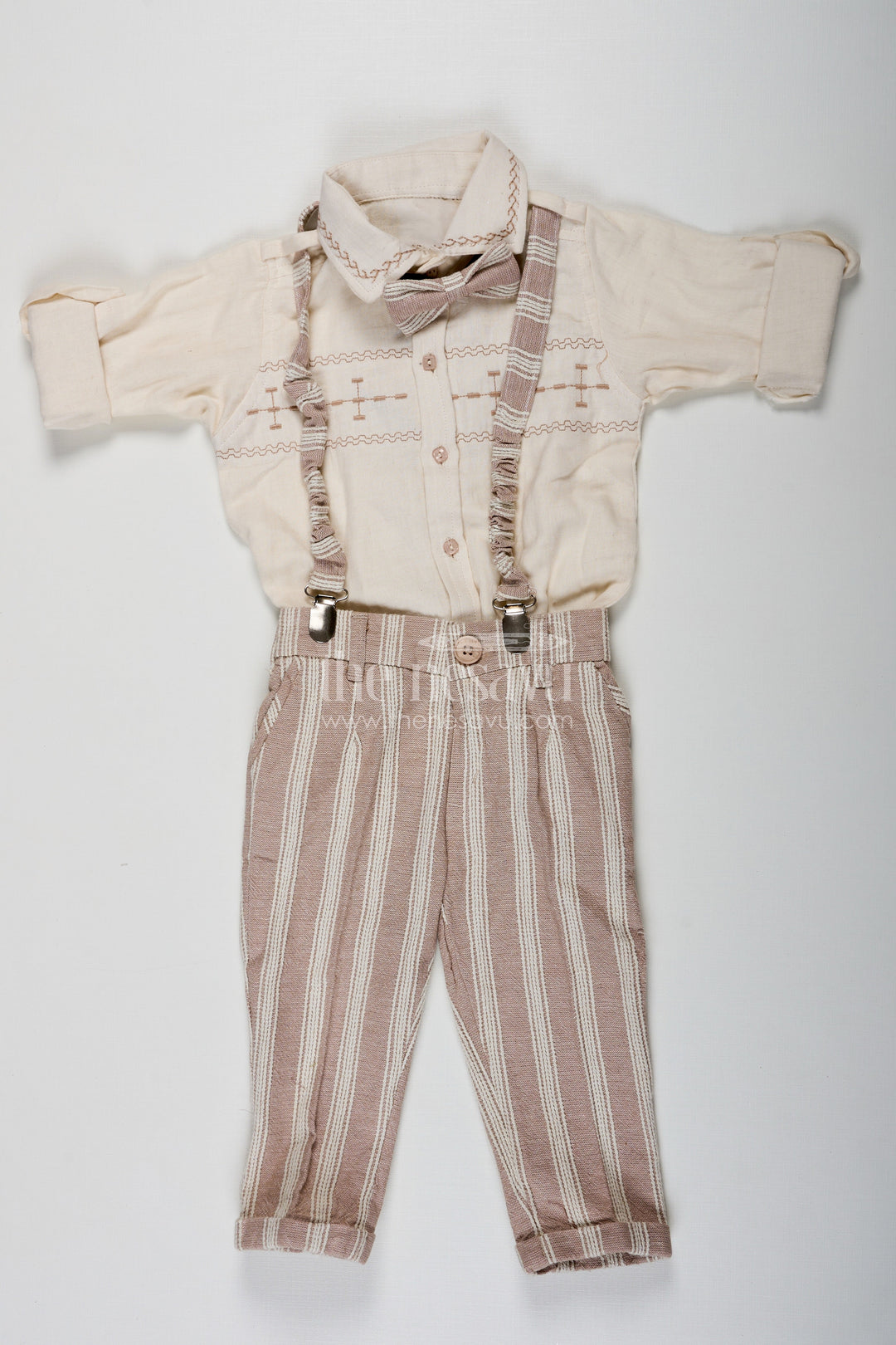 The Nesavu Boys Casual Set Birthday Wear Dress Set for Boys in Muslin Cotton with Thread Embroidery Striped Pants and Matching Cap Nesavu 16 (1Y) / Cream BCS225B-16 Nesavu Birthday Wear Dress Boys Set with Muslin Cotton Embroidered Shirt Striped Pants and Matching Cap