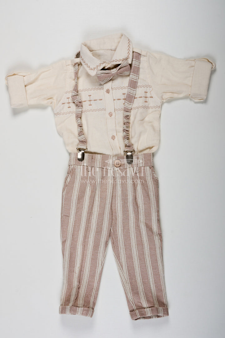 The Nesavu Boys Casual Set Birthday Wear Dress Set for Boys in Muslin Cotton with Thread Embroidery Striped Pants and Matching Cap Nesavu 16 (1Y) / Cream BCS225B-16 Nesavu Birthday Wear Dress Boys Set with Muslin Cotton Embroidered Shirt Striped Pants and Matching Cap