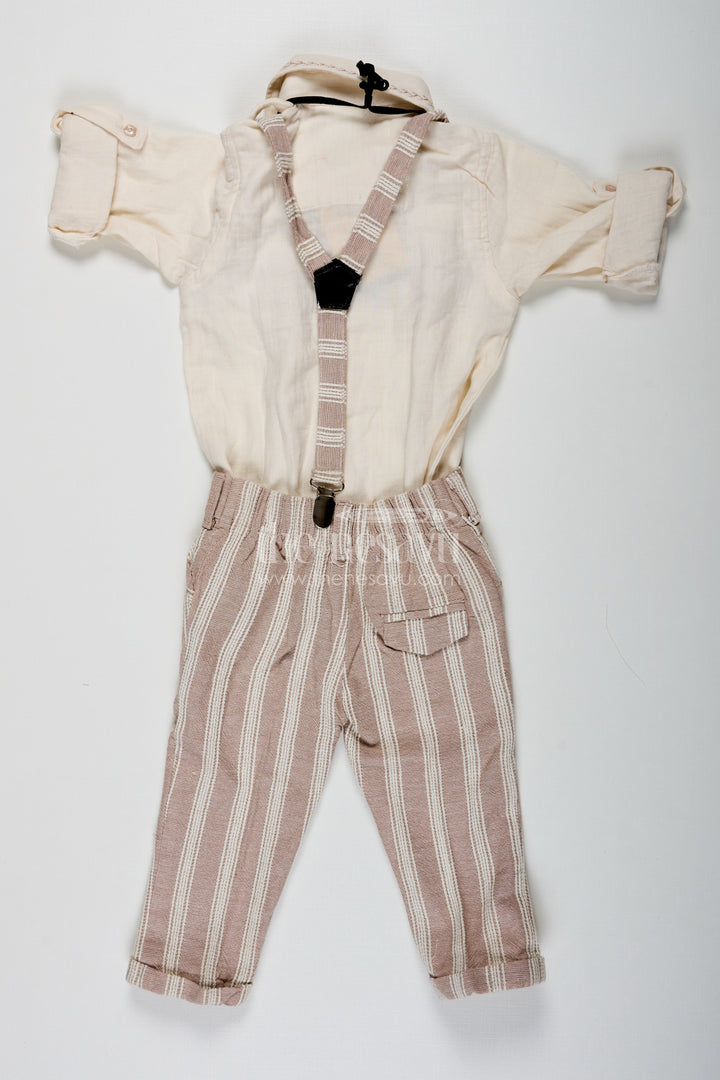 The Nesavu Boys Casual Set Birthday Wear Dress Set for Boys in Muslin Cotton with Thread Embroidery Striped Pants and Matching Cap Nesavu Nesavu Birthday Wear Dress Boys Set with Muslin Cotton Embroidered Shirt Striped Pants and Matching Cap