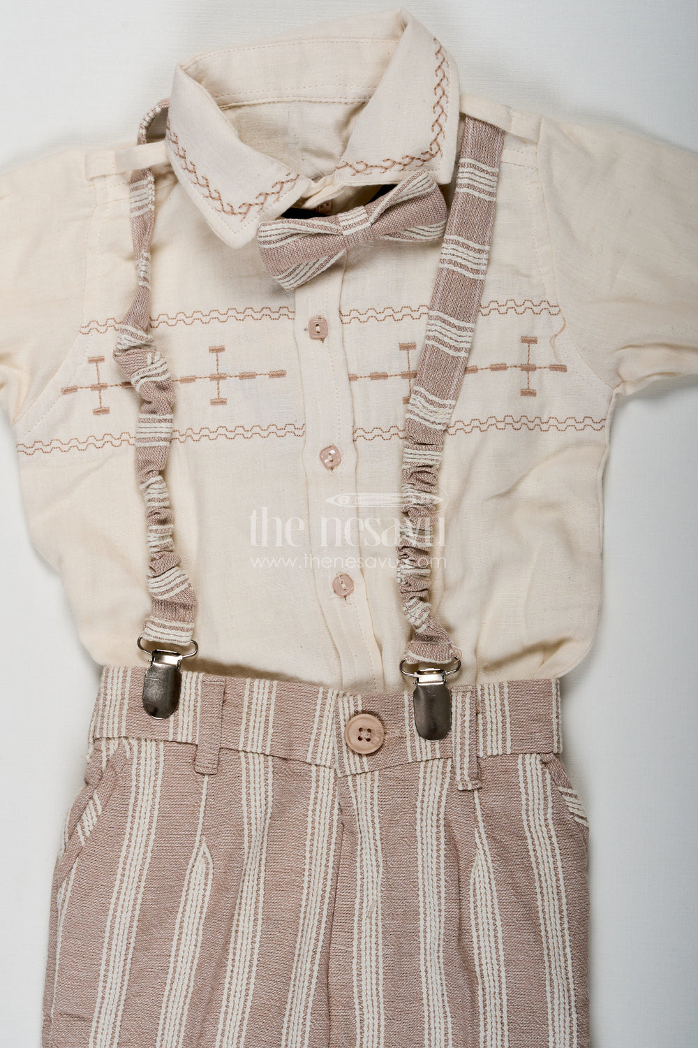 The Nesavu Boys Casual Set Birthday Wear Dress Set for Boys in Muslin Cotton with Thread Embroidery Striped Pants and Matching Cap Nesavu Nesavu Birthday Wear Dress Boys Set with Muslin Cotton Embroidered Shirt Striped Pants and Matching Cap