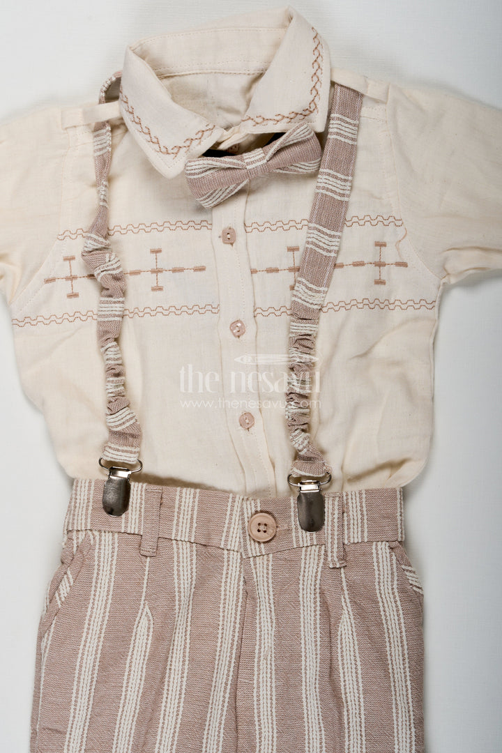 The Nesavu Boys Casual Set Birthday Wear Dress Set for Boys in Muslin Cotton with Thread Embroidery Striped Pants and Matching Cap Nesavu Nesavu Birthday Wear Dress Boys Set with Muslin Cotton Embroidered Shirt Striped Pants and Matching Cap