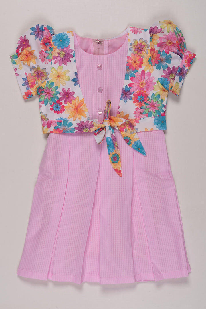 The Nesavu Girls Cotton Frock Blossom-Adorned Pink Checkered Cotton Frock with Jacket for Girls Nesavu 22 (4Y) / Pink / Cotton GFC1259A-22 Girls Pink Checkered Dress & Floral Jacket Set | Spring Cotton Outfit | The Nesavu