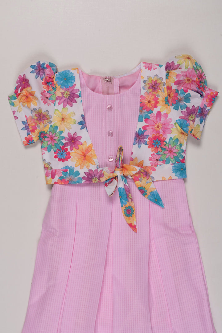 The Nesavu Girls Cotton Frock Blossom-Adorned Pink Checkered Cotton Frock with Jacket for Girls Nesavu Girls Pink Checkered Dress & Floral Jacket Set | Spring Cotton Outfit | The Nesavu
