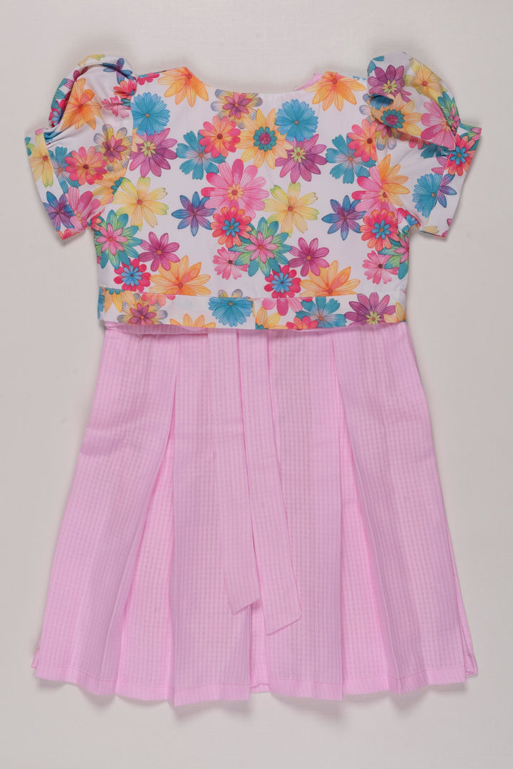 The Nesavu Girls Cotton Frock Blossom-Adorned Pink Checkered Cotton Frock with Jacket for Girls Nesavu Girls Pink Checkered Dress & Floral Jacket Set | Spring Cotton Outfit | The Nesavu