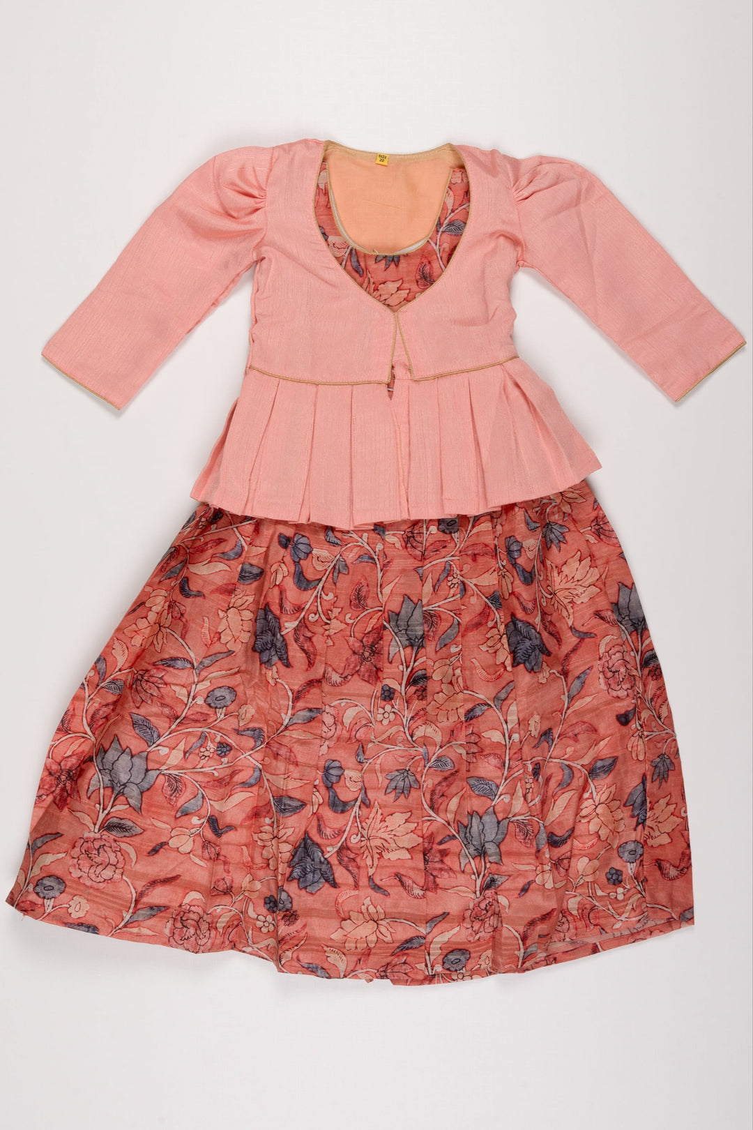 The Nesavu Girls Silk Gown Blossom Delight: Orange Kalamkari Printed Anarkali Gown with a Pastel Overcoat Nesavu 16 (1Y) / Orange / Blend Silk GA163J-16 Warm Orange Kalamkari Printed Anarkali | Pastel Overcoat Fusion | The Nesavu