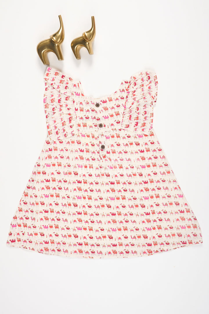 The Nesavu Baby Cotton Frocks Blue Camel Print Cotton Baby Frock with Ruffles for Newborns Nesavu Blue Camel Print Cotton Baby Frock with Ruffles for Newborns Nesavu