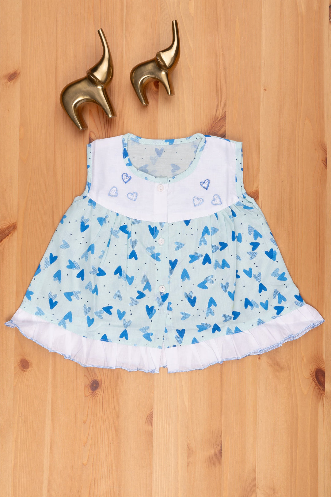 The Nesavu Baby Frock / Jhabla Blue Dream: Frilled Heart Print Designer Dress for Girls Nesavu 12 (3M) / Blue BFJ448B-12 Heartin printed Cute Baby Frock | Blue Cotton Frock For Girls | The Nesavu