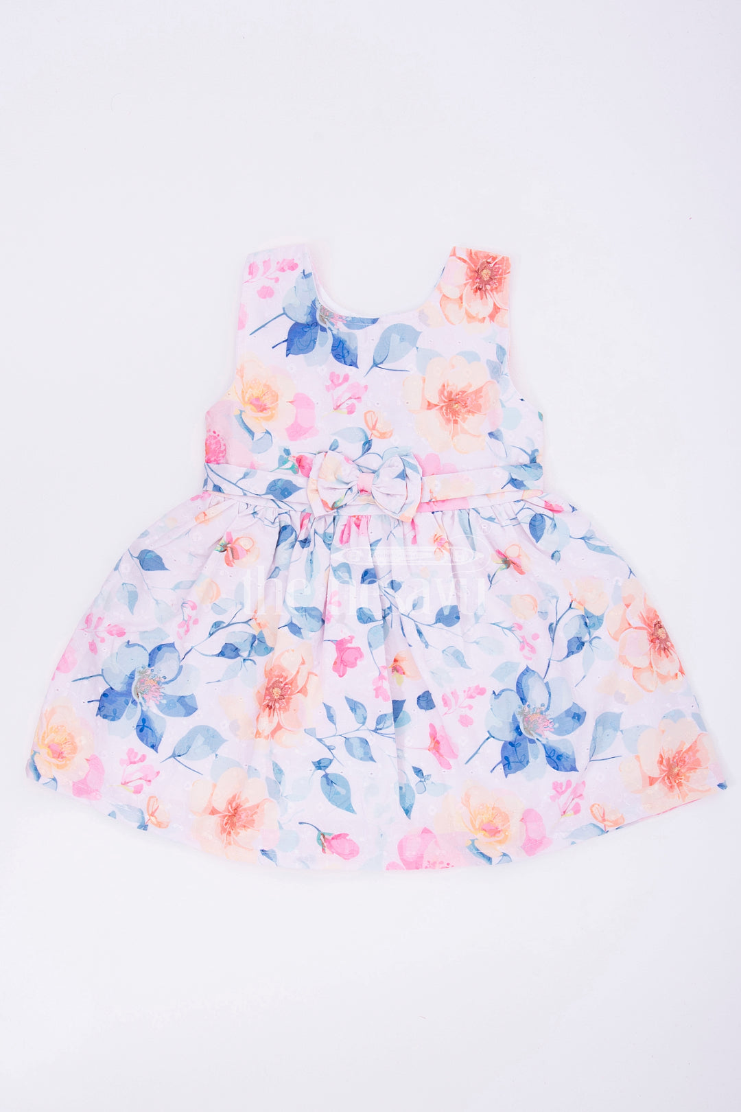 The Nesavu Girls Cotton Frock Blue Floral Sleeveless Baby Frock Nesavu 14 (6M) / multicolor BFJ582C-14 Blue Floral Sleeveless Baby Frock with Bow Detail