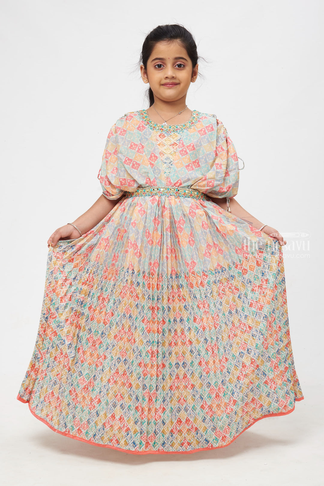 The Nesavu Girls Party Gown Bohemian Bliss: Multicolored Geometric Mosaic Anarkali with Bejeweled Neckline and Tassel Accents Nesavu 24 (5Y) / multicolor / Chinon GA176A-24 Elegance Reimagined | Premium Anarkali Gowns Collection | The Nesavu