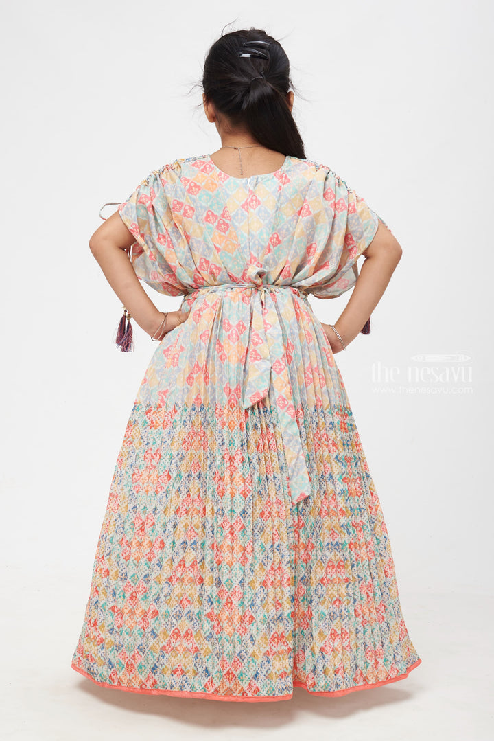 The Nesavu Girls Party Gown Bohemian Bliss: Multicolored Geometric Mosaic Anarkali with Bejeweled Neckline and Tassel Accents Nesavu Elegance Reimagined | Premium Anarkali Gowns Collection | The Nesavu