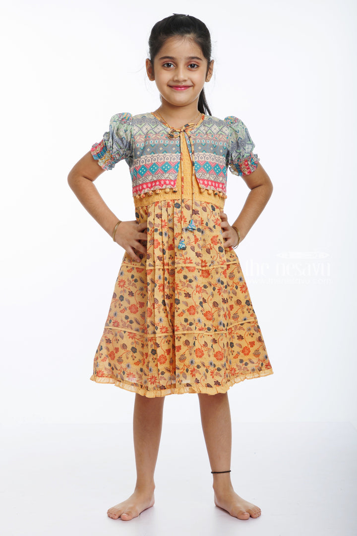 The Nesavu Girls Cotton Frock Bohemian Blossom: Girls Cotton Frock with Cozy Chic Jacket Nesavu 22 (4Y) / Yellow / Cotton GFC1298A-22 Find Latest Girls Cotton Frocks with Jackets | Affordable  Stylish | The Nesavu