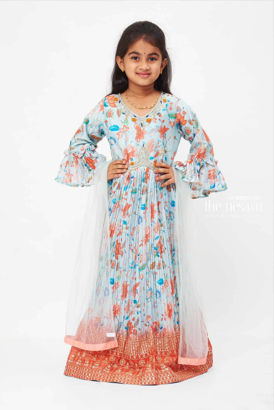 The Nesavu Girls Party Gown Bohemian Floral Aliacut Anarkali Dress for Girls - Vibrant & Traditional Nesavu 24 (5Y) / Blue / Chinnon GA187A-24 Floral Print Anarkali | Festive Wear for Girls | Aliacut Kurti for Girls | The Nesavu