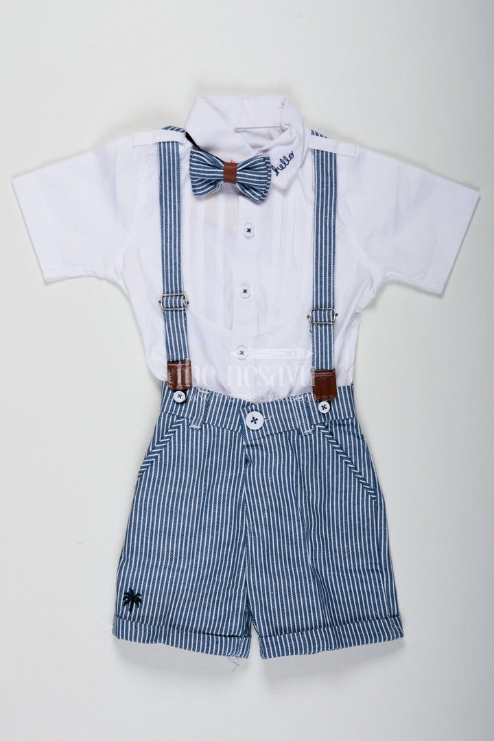 The Nesavu Boys Casual Set Bow Tie Shirt Set for Boys with White Pintuck Cotton Shirt Striped Shorts Matching Belt and Cap Nesavu 16 (1Y) / Blue BCS231A-16 Nesavu Bow Tie Shirt Boys Set with White Pintuck Shirt Striped Shorts Cap and Cotton Fabric Belt