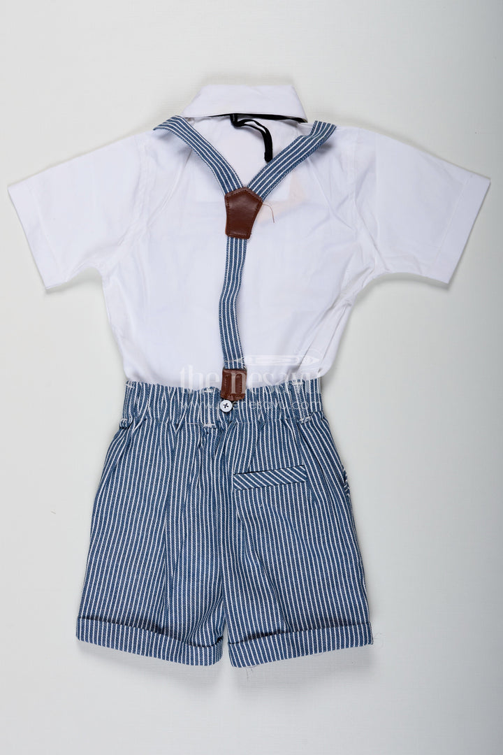 The Nesavu Boys Casual Set Bow Tie Shirt Set for Boys with White Pintuck Cotton Shirt Striped Shorts Matching Belt and Cap Nesavu Nesavu Bow Tie Shirt Boys Set with White Pintuck Shirt Striped Shorts Cap and Cotton Fabric Belt