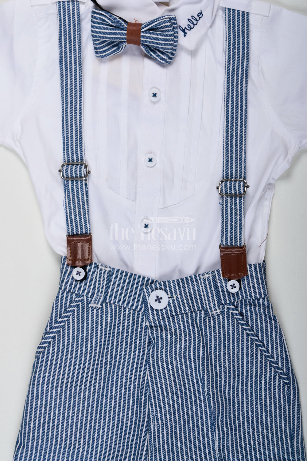 The Nesavu Boys Casual Set Bow Tie Shirt Set for Boys with White Pintuck Cotton Shirt Striped Shorts Matching Belt and Cap Nesavu Nesavu Bow Tie Shirt Boys Set with White Pintuck Shirt Striped Shorts Cap and Cotton Fabric Belt