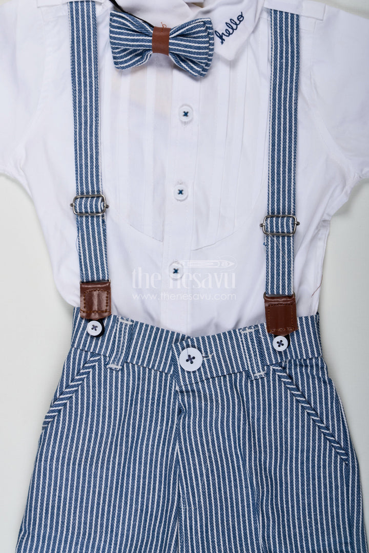 The Nesavu Boys Casual Set Bow Tie Shirt Set for Boys with White Pintuck Cotton Shirt Striped Shorts Matching Belt and Cap Nesavu Nesavu Bow Tie Shirt Boys Set with White Pintuck Shirt Striped Shorts Cap and Cotton Fabric Belt