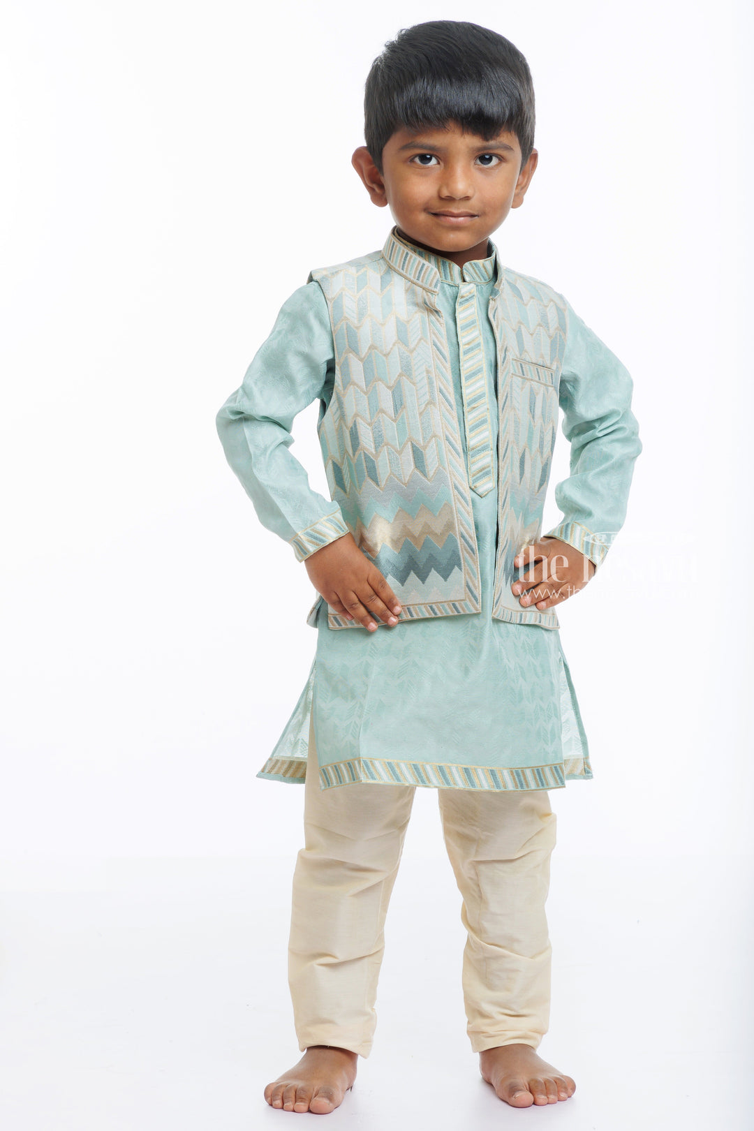 The Nesavu Boys Jacket Sets Boys Aqua Blue Jacket and Cream Kurta Pant Ensemble Nesavu 14 (6M) / Blue / Blend Silk BES523B-14 Boys Aqua Blue Geometric Jacket Kurta Set | Elegant Ethnic Wear | The Nesavu