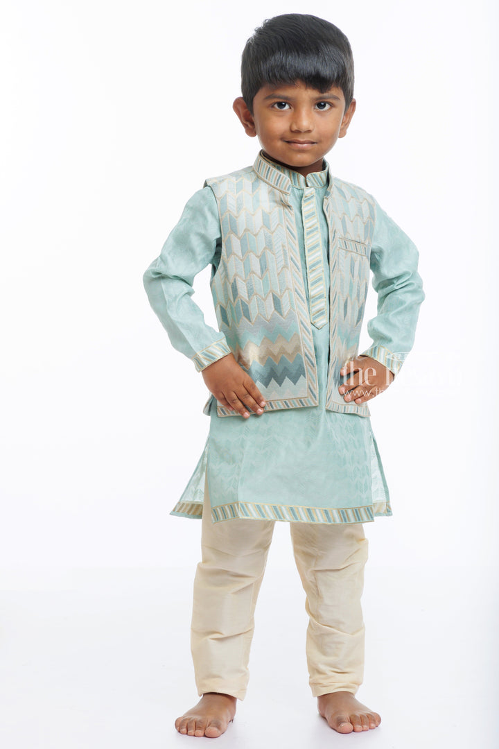 The Nesavu Boys Jacket Sets Boys Aqua Blue Jacket and Cream Kurta Pant Ensemble Nesavu 14 (6M) / Blue / Blend Silk BES523B-14 Boys Aqua Blue Geometric Jacket Kurta Set | Elegant Ethnic Wear | The Nesavu
