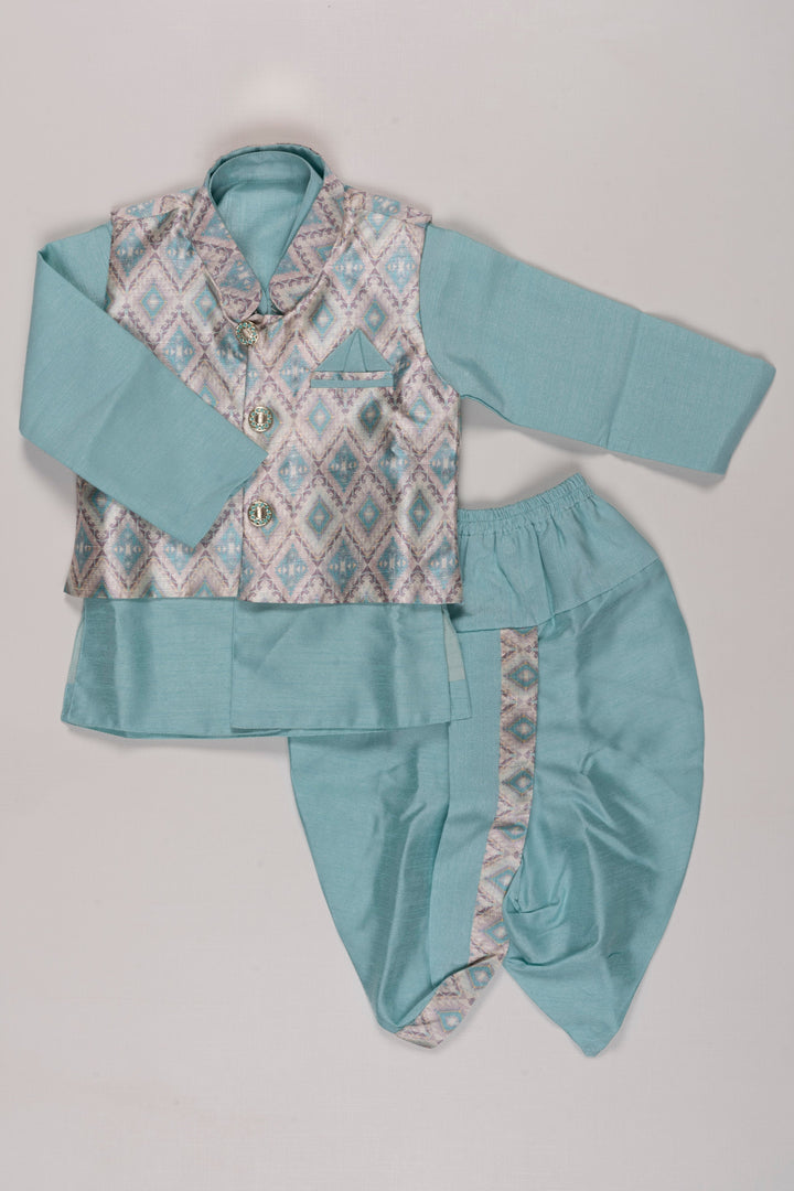 The Nesavu Boys Dothi Set Boys Aqua Blue Kurta Shirt with Overcoat Pant Dhoti Set - Fusion Ethnic Wear Nesavu 12 (3M) / Blue / Silk Blend BES496A-12 Boys Aqua Blue Ethnic Kurta & Dhoti Set | Modern Overcoat Pant Fusion | The Nesavu
