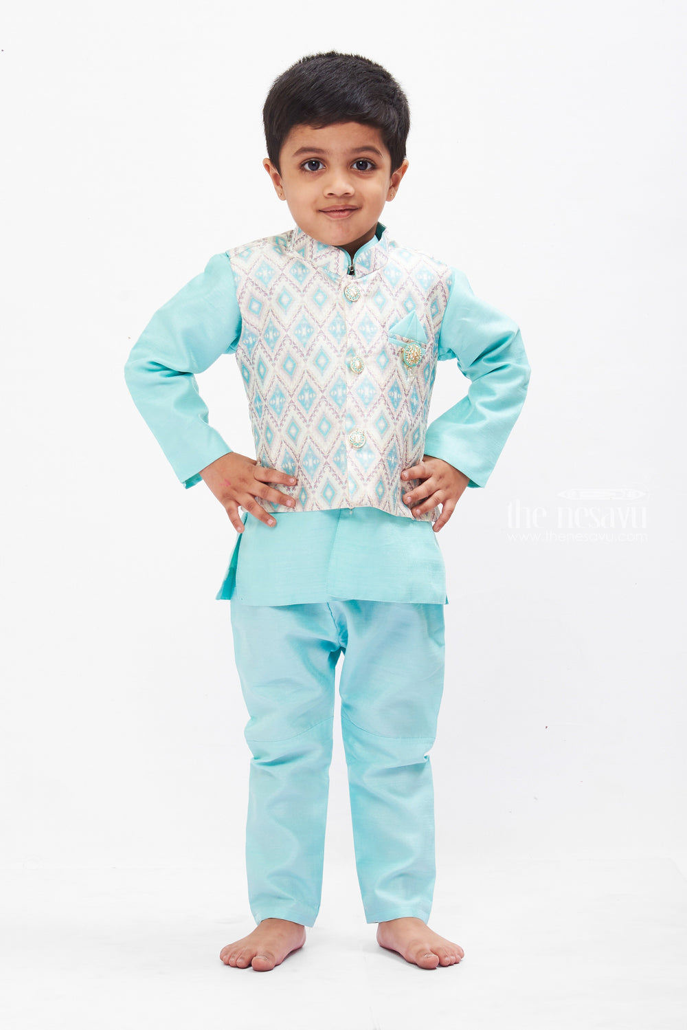 The Nesavu Boys Dothi Set Boys Aqua Blue Kurta Shirt with Overcoat Pant & Dhoti Set - Fusion Ethnic Wear Nesavu 12 (3M) / Blue / Silk Blend BES496A-12 Boys Aqua Blue Ethnic Kurta & Dhoti Set | Modern Overcoat Pant Fusion | The Nesavu