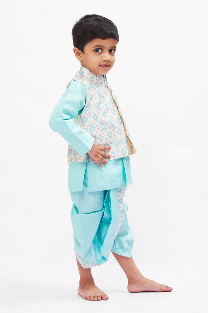 The Nesavu Boys Dothi Set Boys Aqua Blue Kurta Shirt with Overcoat Pant & Dhoti Set - Fusion Ethnic Wear Nesavu Boys Aqua Blue Ethnic Kurta & Dhoti Set | Modern Overcoat Pant Fusion | The Nesavu