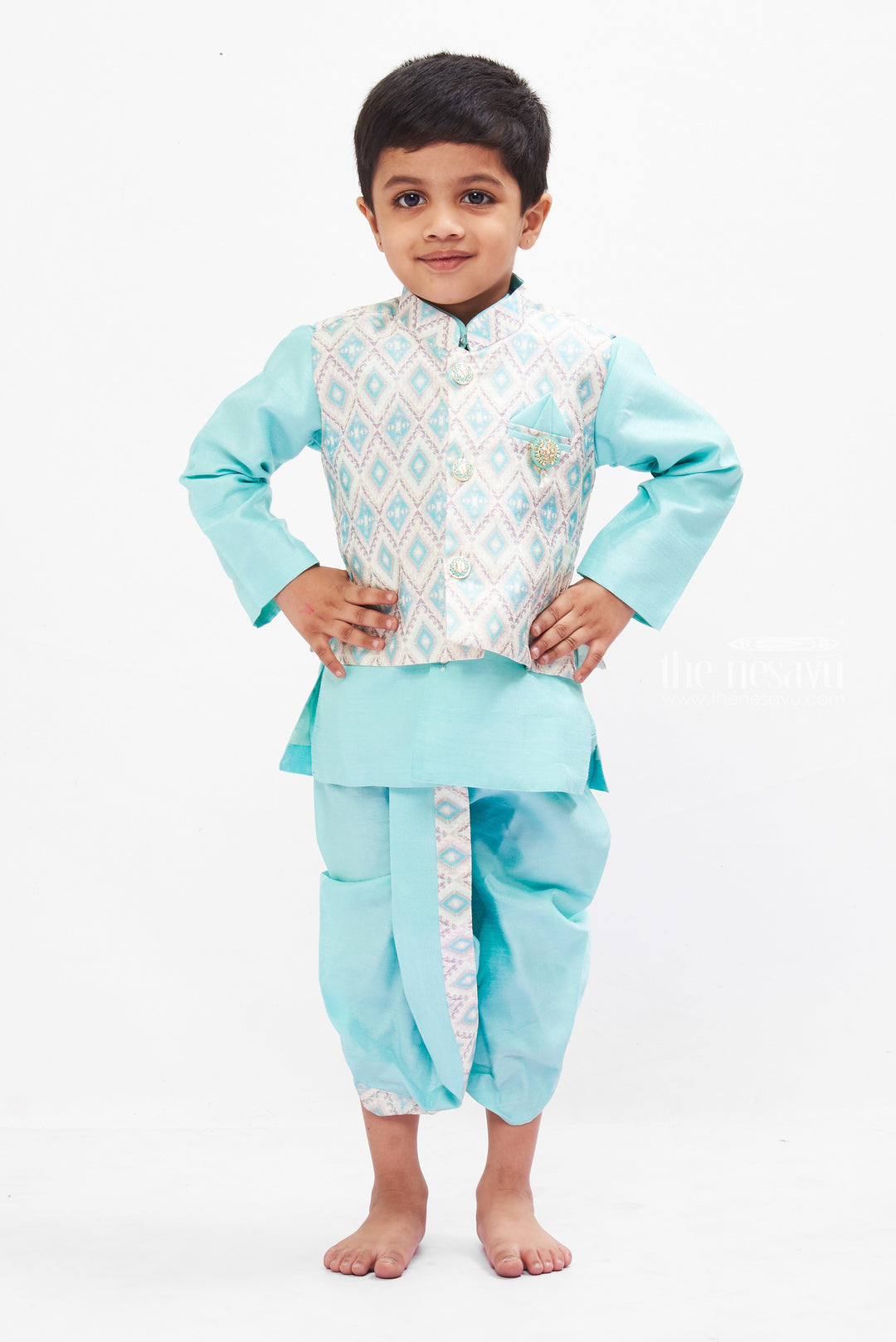 The Nesavu Boys Dothi Set Boys Aqua Blue Kurta Shirt with Overcoat Pant & Dhoti Set - Fusion Ethnic Wear Nesavu Boys Aqua Blue Ethnic Kurta & Dhoti Set | Modern Overcoat Pant Fusion | The Nesavu