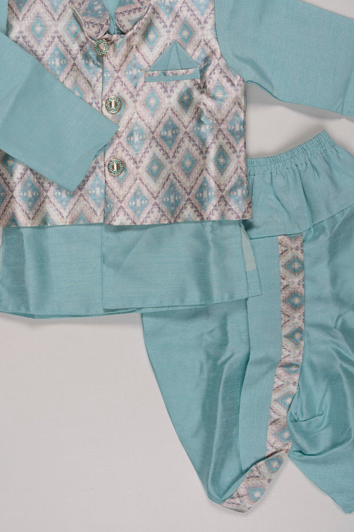 The Nesavu Boys Dothi Set Boys Aqua Blue Kurta Shirt with Overcoat Pant Dhoti Set - Fusion Ethnic Wear Nesavu Boys Aqua Blue Ethnic Kurta & Dhoti Set | Modern Overcoat Pant Fusion | The Nesavu