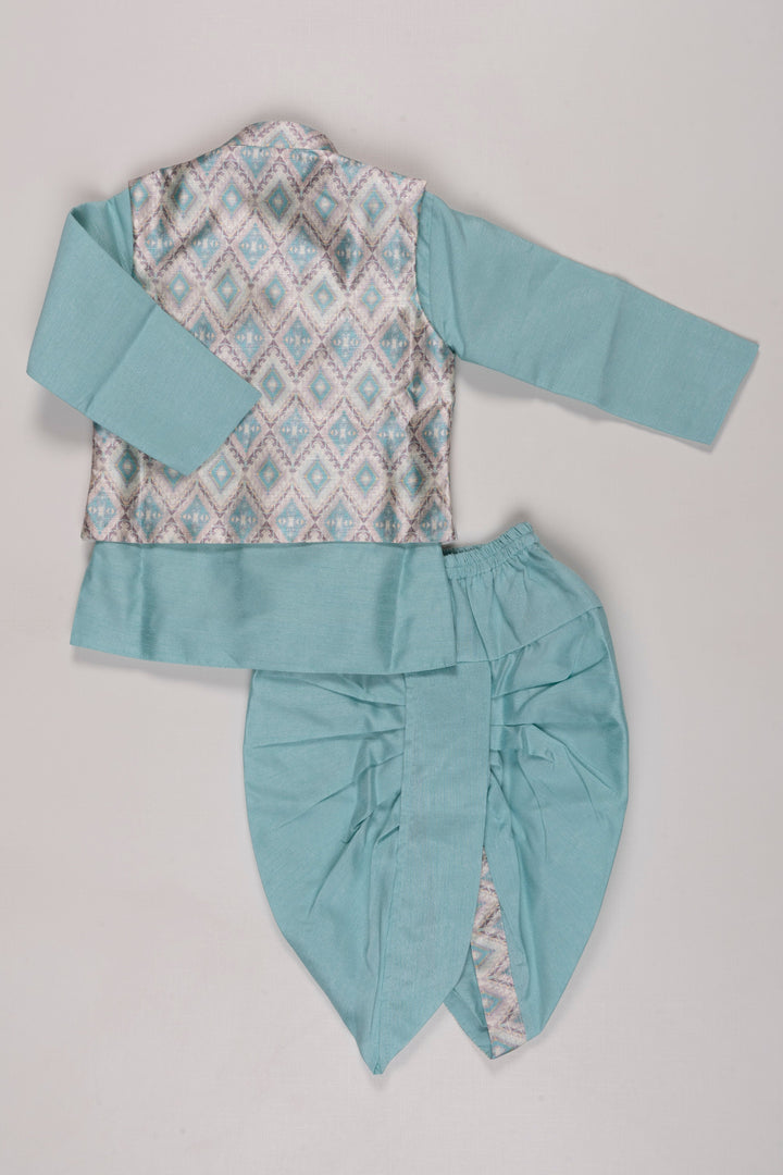 The Nesavu Boys Dothi Set Boys Aqua Blue Kurta Shirt with Overcoat Pant Dhoti Set - Fusion Ethnic Wear Nesavu Boys Aqua Blue Ethnic Kurta & Dhoti Set | Modern Overcoat Pant Fusion | The Nesavu