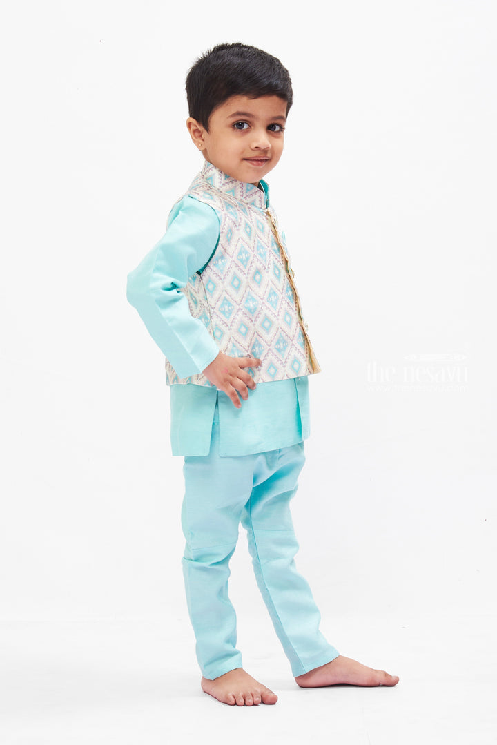 The Nesavu Boys Dothi Set Boys Aqua Blue Kurta Shirt with Overcoat Pant & Dhoti Set - Fusion Ethnic Wear Nesavu Boys Aqua Blue Ethnic Kurta & Dhoti Set | Modern Overcoat Pant Fusion | The Nesavu