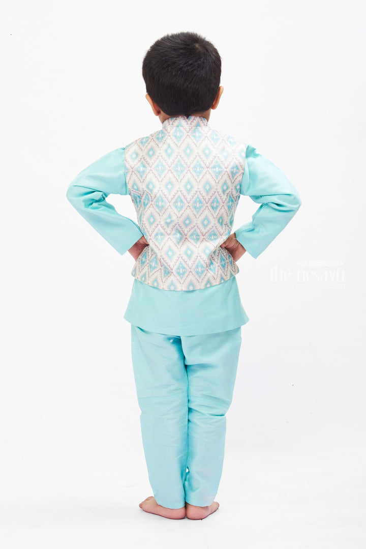The Nesavu Boys Dothi Set Boys Aqua Blue Kurta Shirt with Overcoat Pant & Dhoti Set - Fusion Ethnic Wear Nesavu Boys Aqua Blue Ethnic Kurta & Dhoti Set | Modern Overcoat Pant Fusion | The Nesavu
