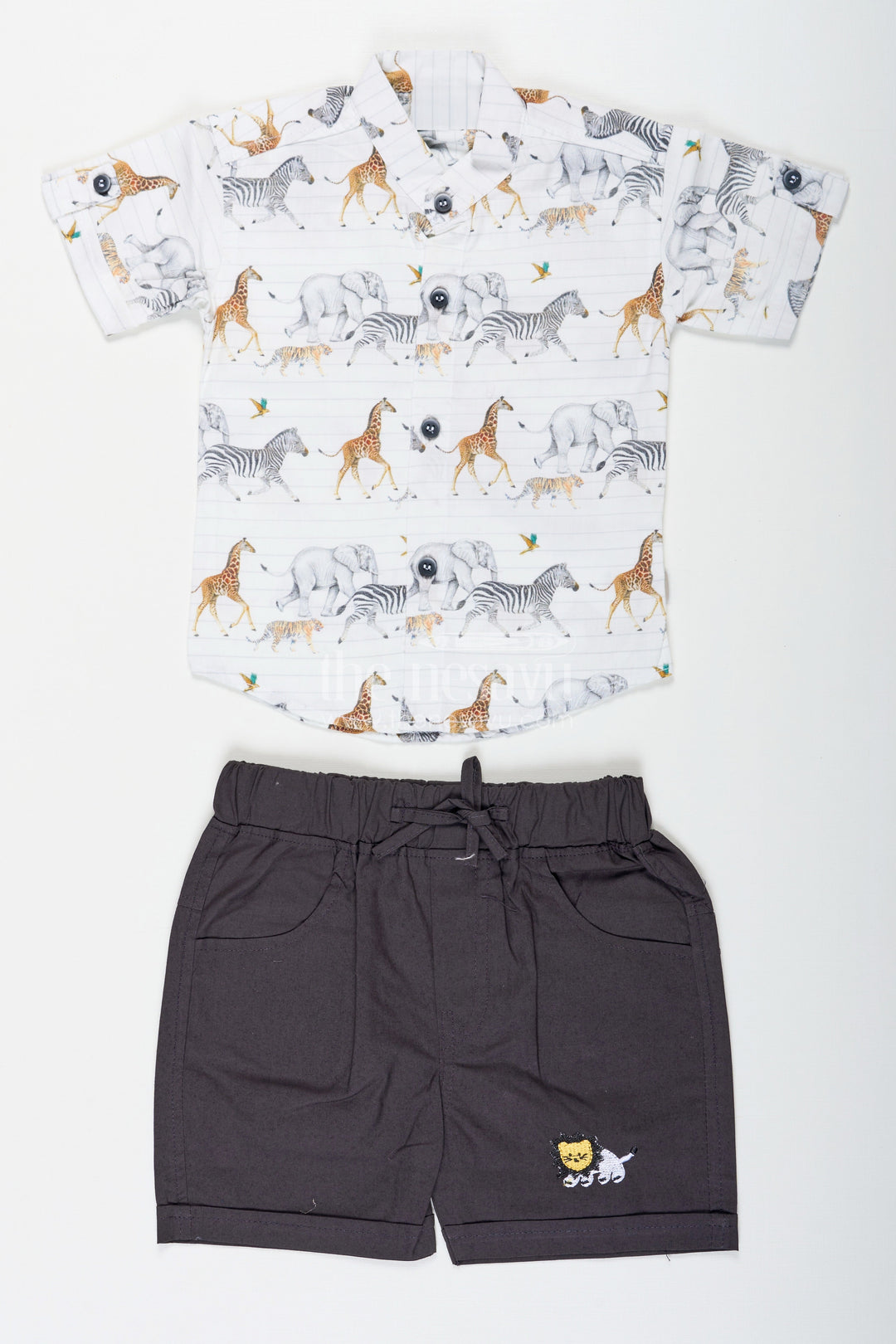 The Nesavu Boys Casual Set Boys Basic Casual Dresses Set with Animal Printed Shirt and Black Shorts for Everyday Adventures Nesavu 14 (6M) / White BCS250A-14 Nesavu Boys Basic Casual Dresses Set Animal Printed Shirt Black Shorts Soft Cotton