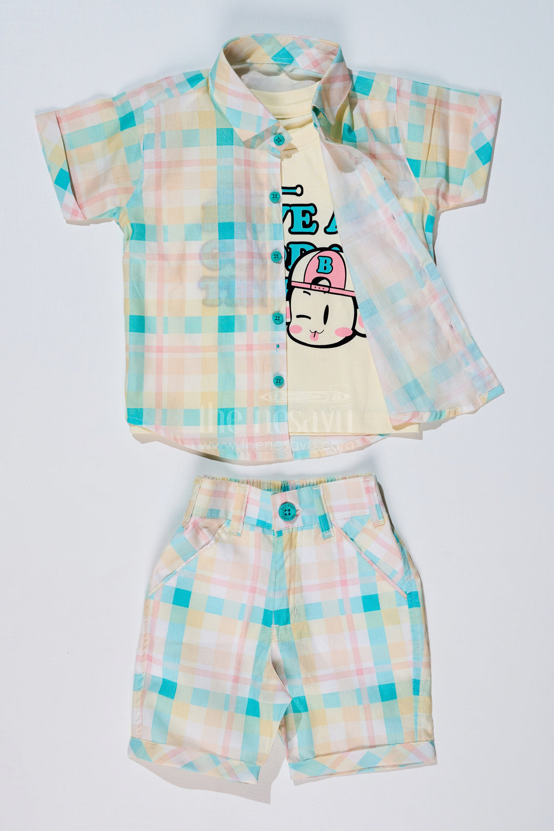 The Nesavu Boys Casual Set Boys Best Smart Casual Shirts with Checked Shorts and Graphic Printed T-Shirt Nesavu 16 (1Y) / Green BCS214B-16 Nesavu Boys Best Smart Casual Shirts Checked Shorts Printed T-Shirt Summer Wear