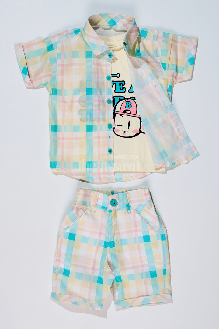 The Nesavu Boys Casual Set Boys Best Smart Casual Shirts with Checked Shorts and Graphic Printed T-Shirt Nesavu 16 (1Y) / Green BCS214B-16 Nesavu Boys Best Smart Casual Shirts Checked Shorts Printed T-Shirt Summer Wear