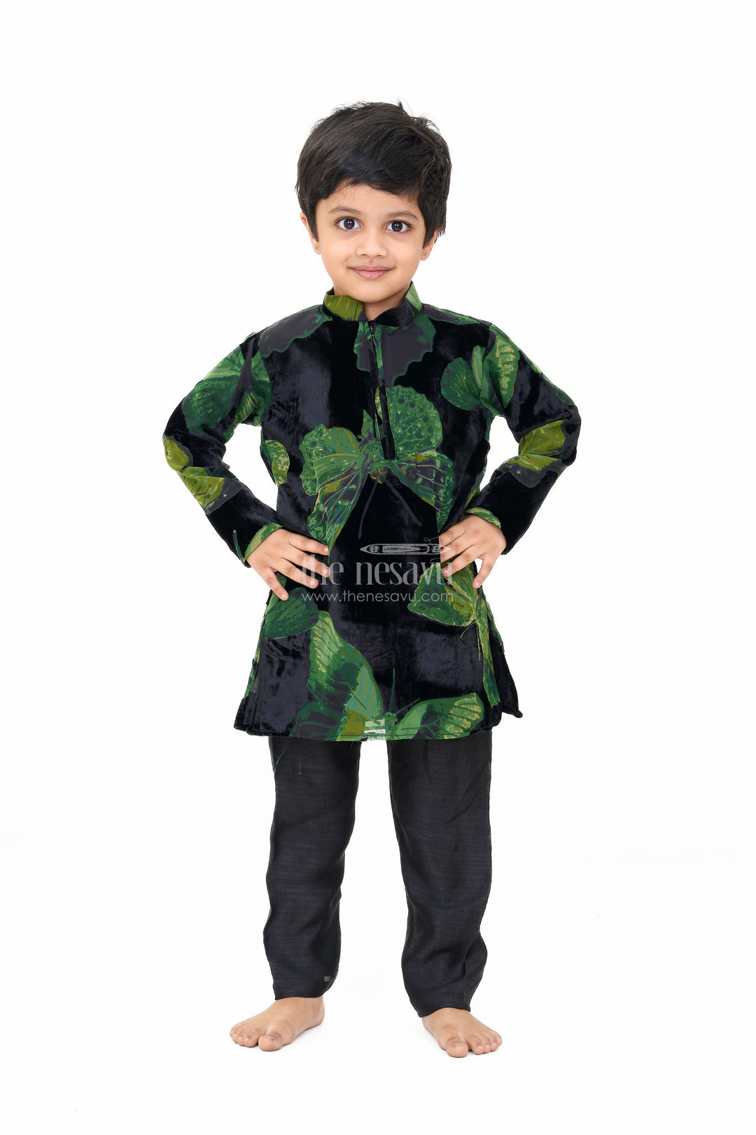 The Nesavu Boys Casual Set Boys Black Velvet Brazzo Casual Shirt with Butterfly Print and Stylish Pants Nesavu 16 (1Y) / Multicolor BES611A-16 Nesavu Boys Black Velvet Casual Shirt Green Butterfly Print Stylish Pants
