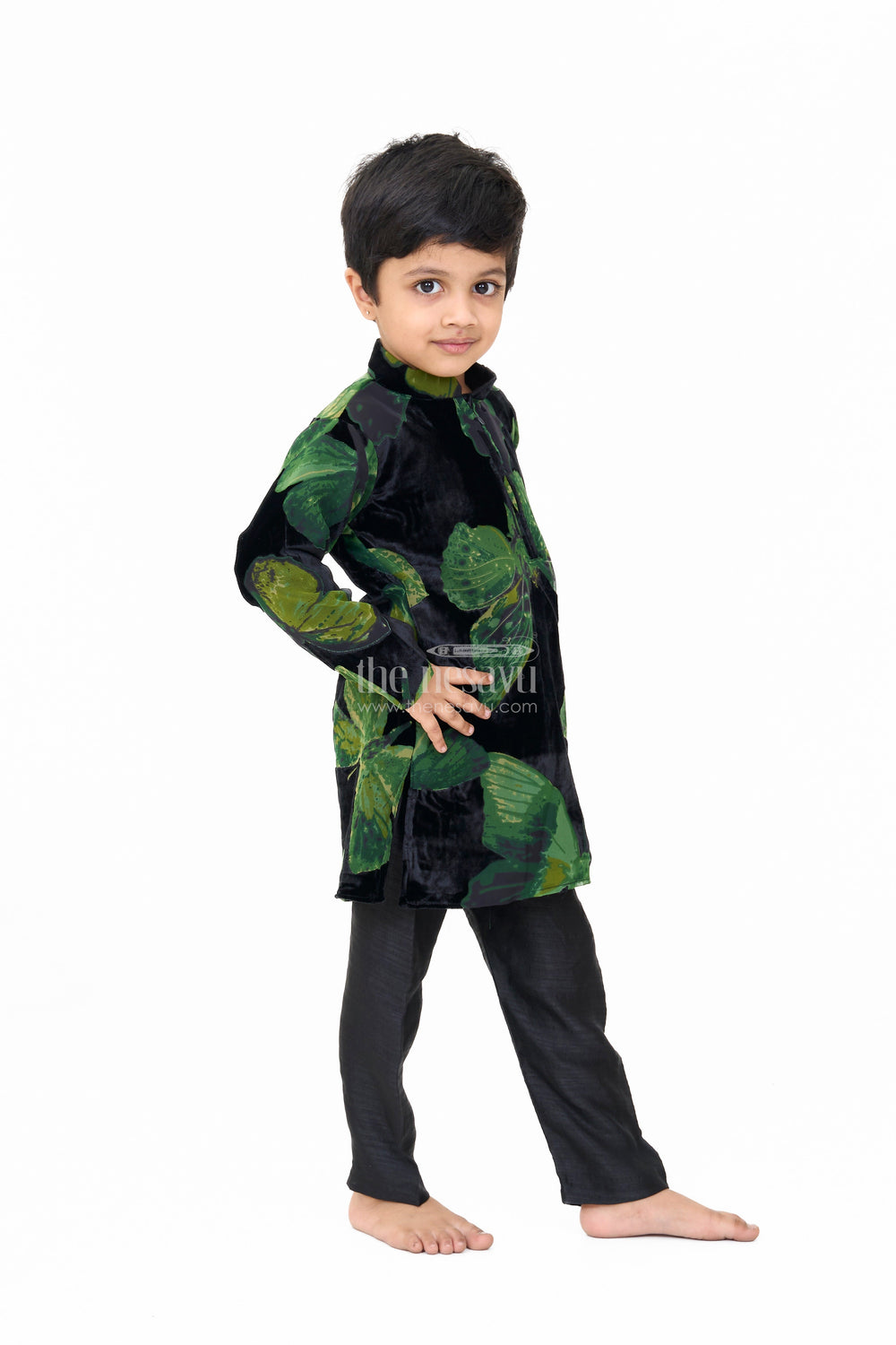 The Nesavu Boys Casual Set Boys Black Velvet Brazzo Casual Shirt with Butterfly Print and Stylish Pants Nesavu Nesavu Boys Black Velvet Casual Shirt Green Butterfly Print Stylish Pants